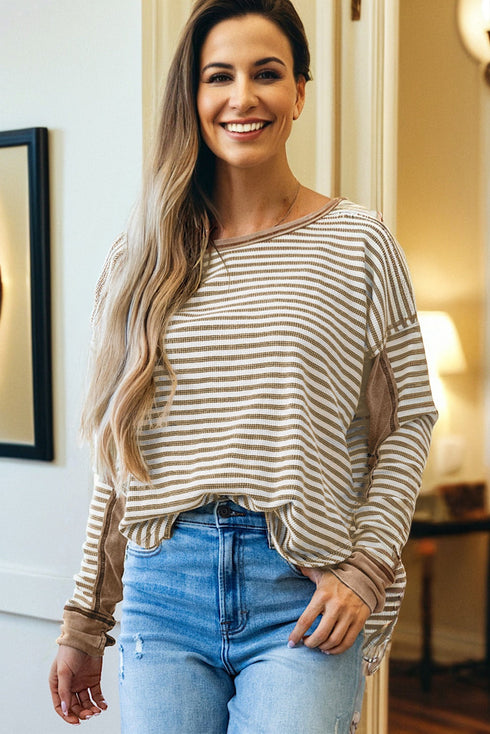 Ribbed Thermal Stripe Drop Shoulder Exposed Seam Patchwork Long Sleeve Top